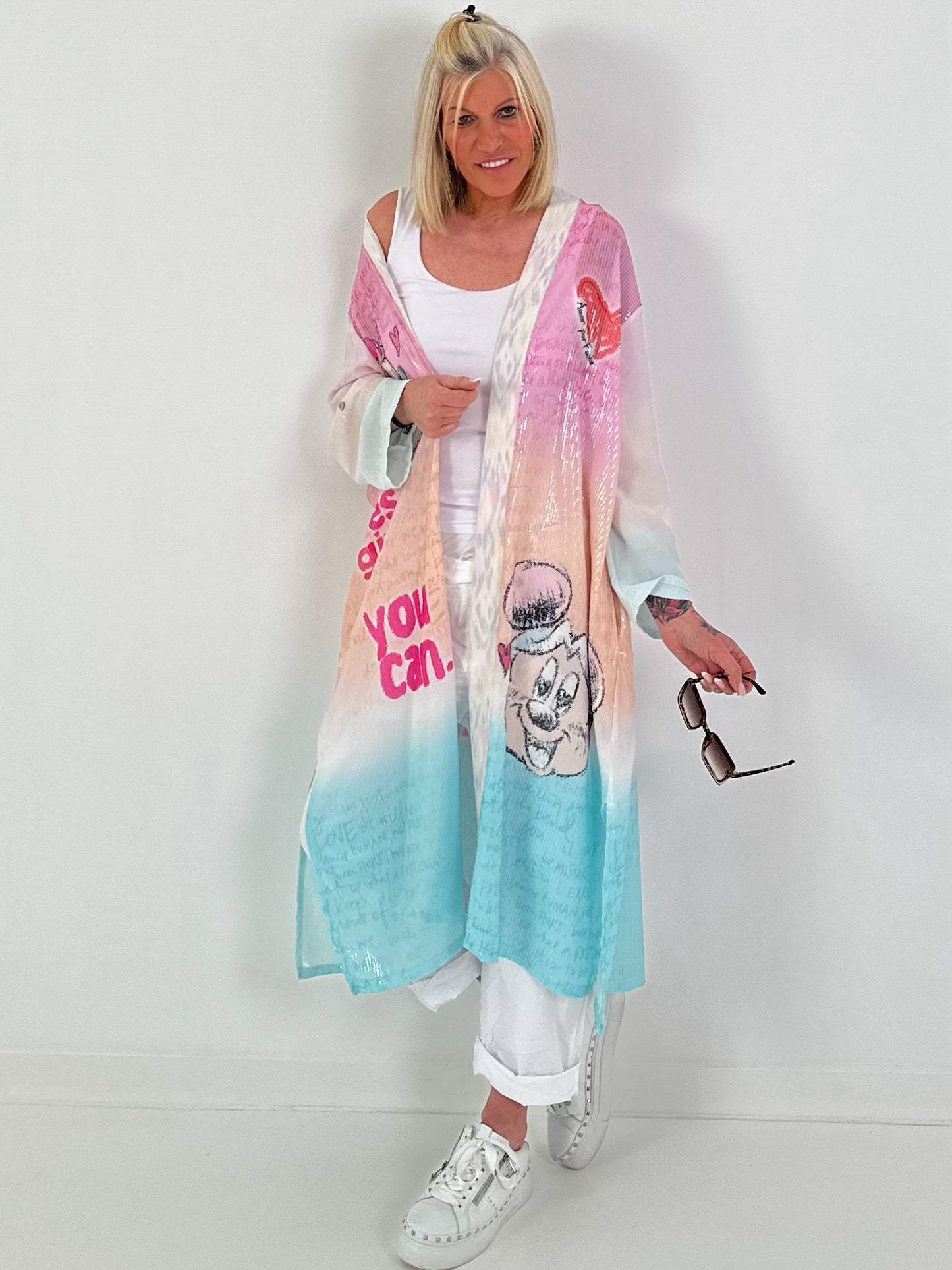 Mantel mit Pailletten und Print-Mix - weiss-rosa-mehrfarbig