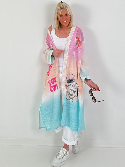 Mantel mit Pailletten und Print-Mix - weiss-rosa-mehrfarbig
