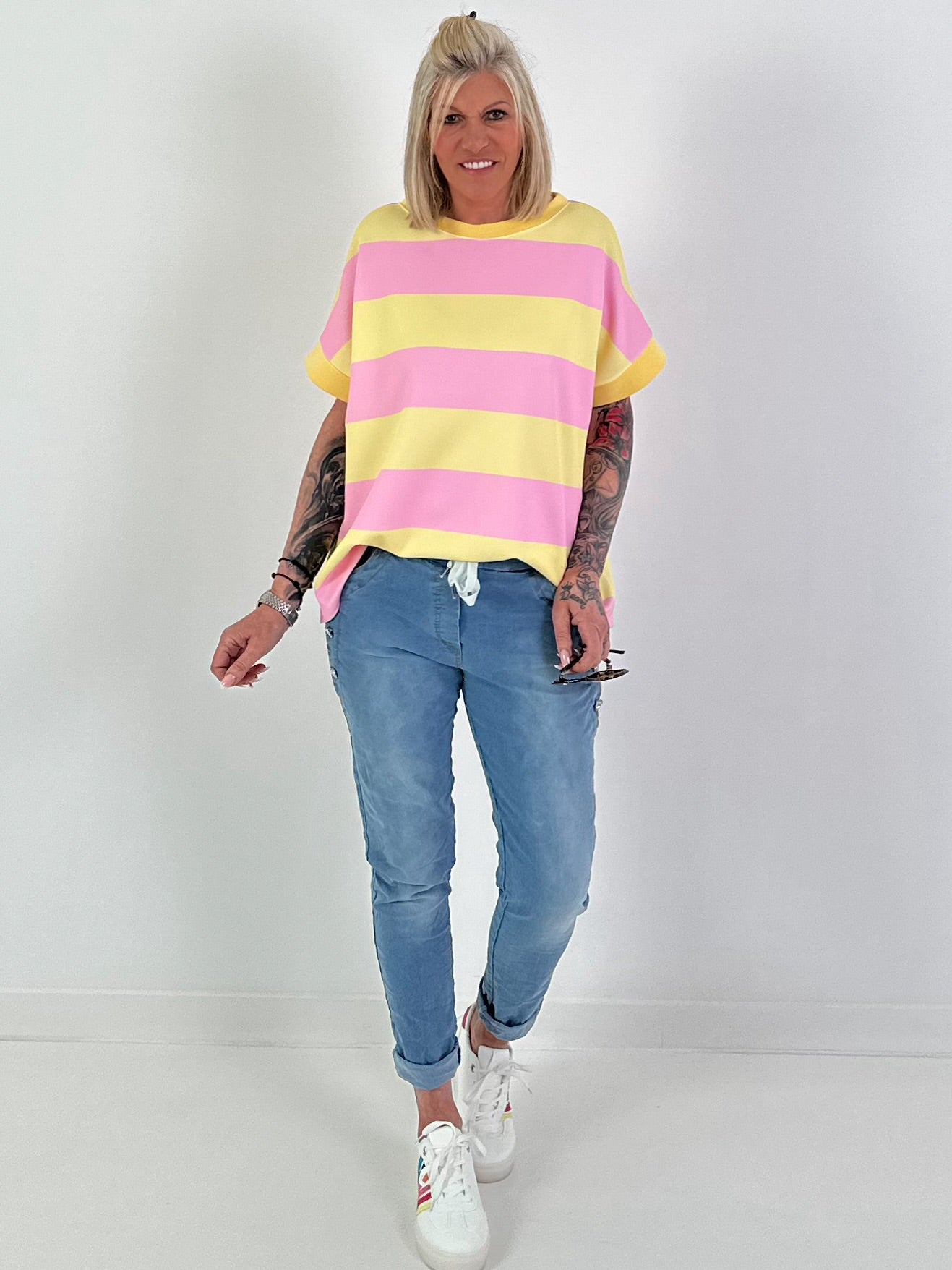 Sweat T-Shirt mit Streifen - gelb-rosa