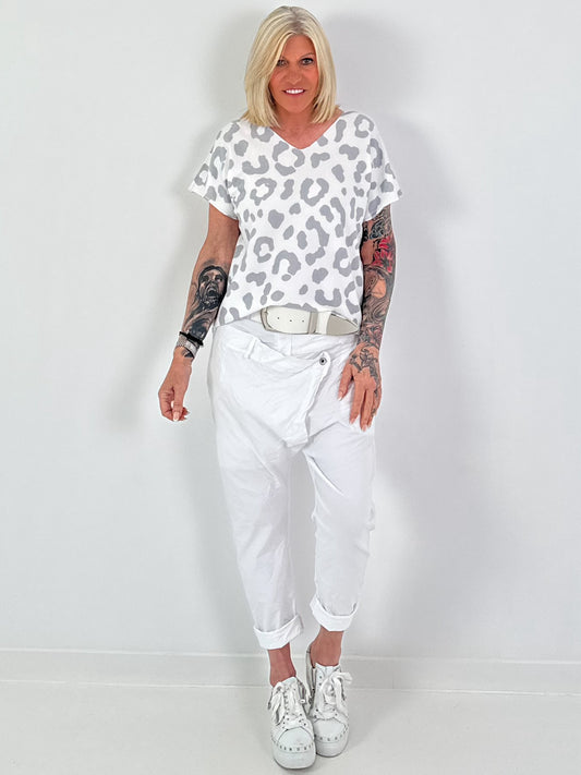 Feinstrick T-Shirt Leo - weiss-grau