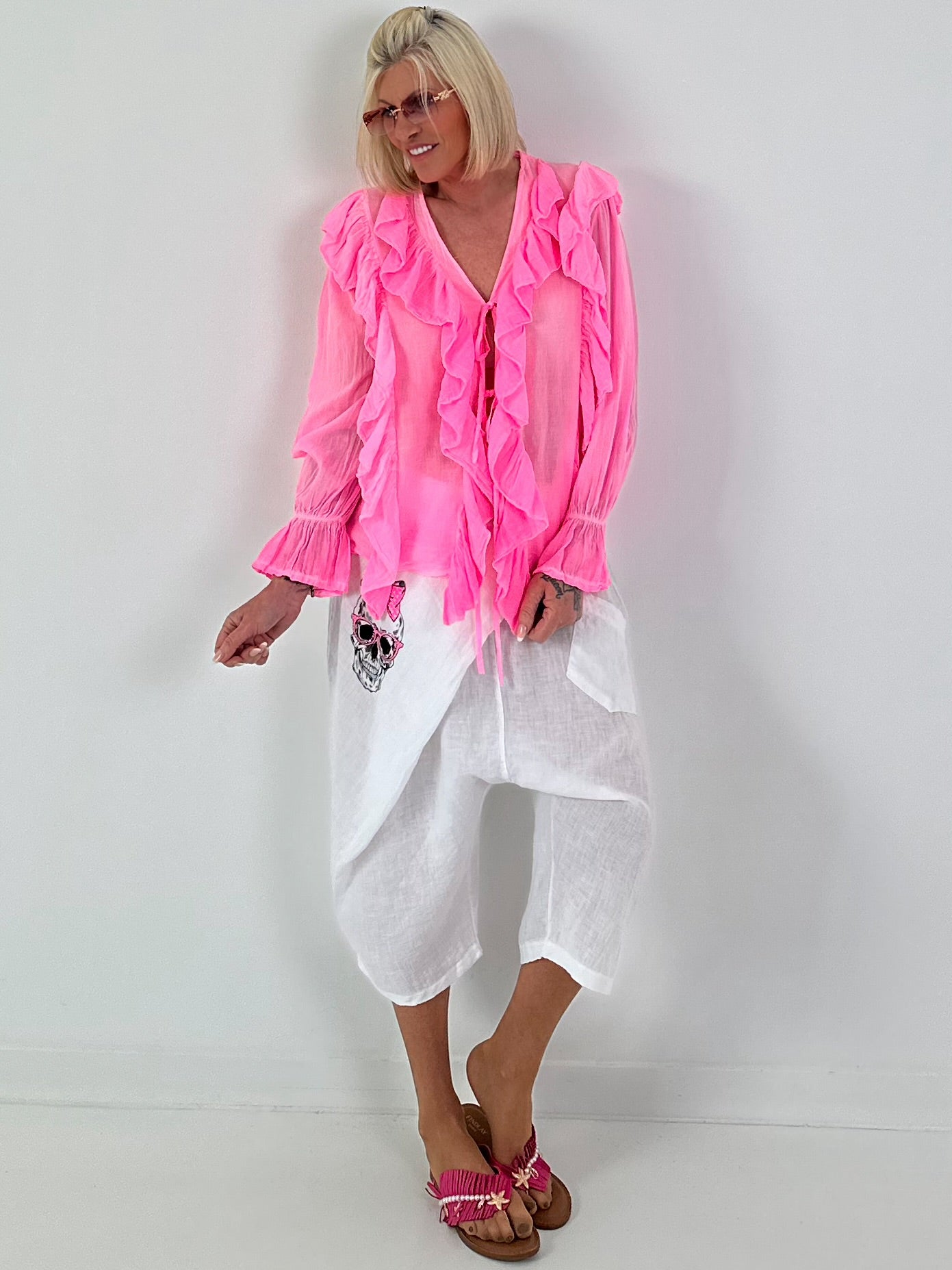 Tunika zum Binden mit Volants - neonpink