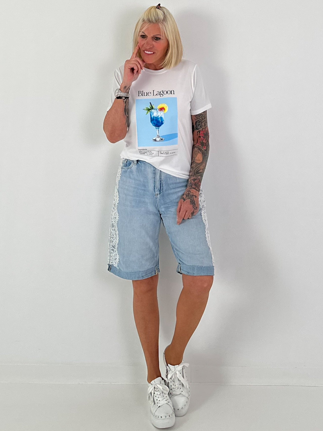 T-Shirt mit Blue-Lagoon Print - weiss