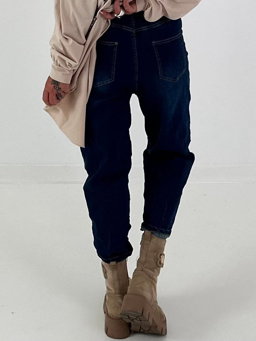 Boyfriend Jeans mit elastischem Bund - denim