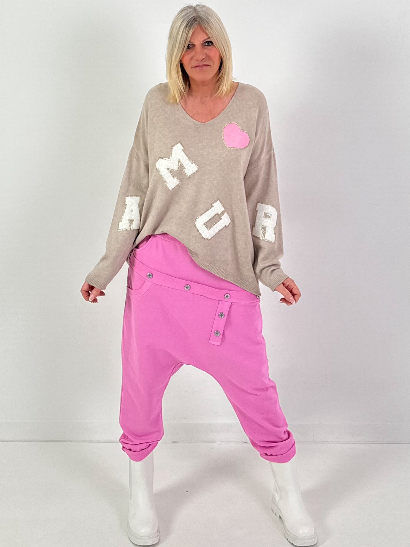 Baggy Hose Modell "Button-Belt" - rosa