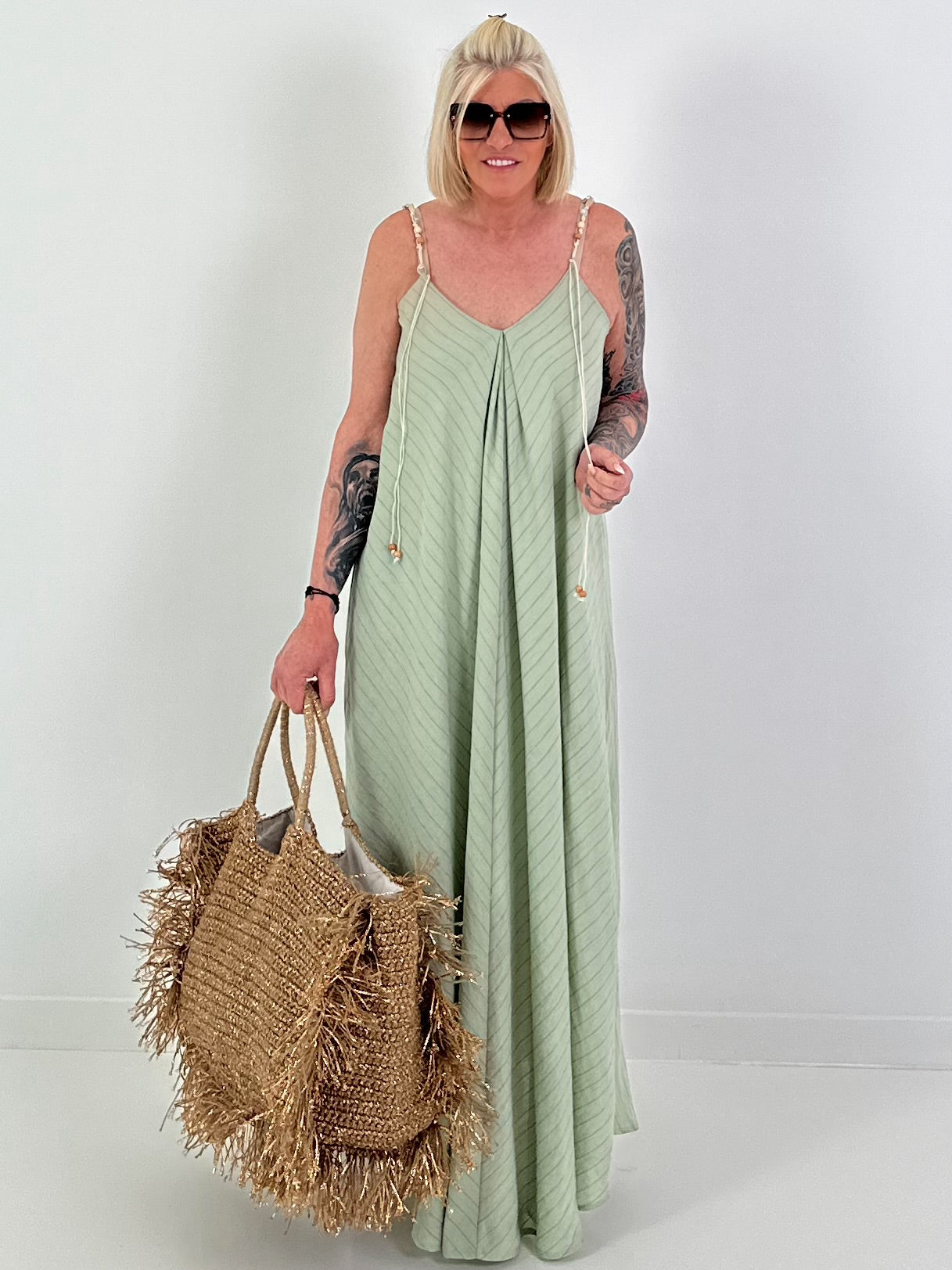 Dress with decorative straps and striped pattern - khaki