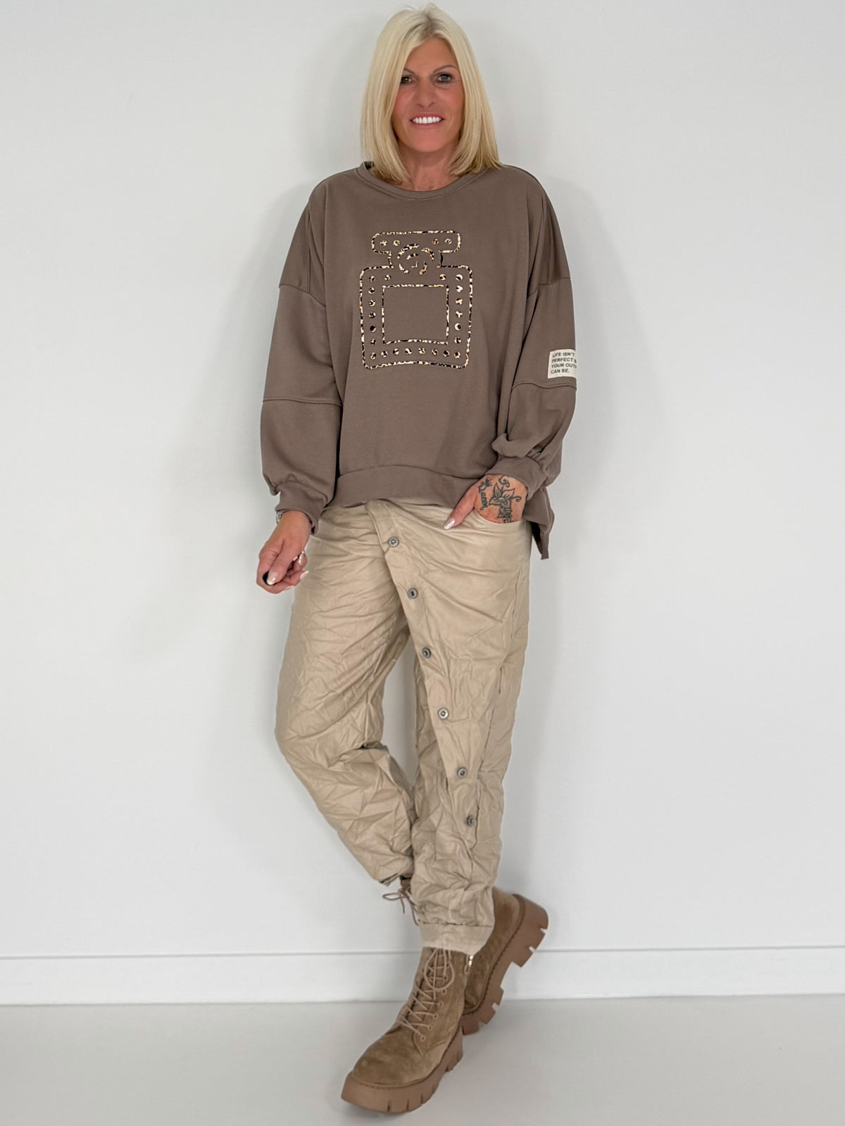 Sweater mit 3D-Print - taupe-leo