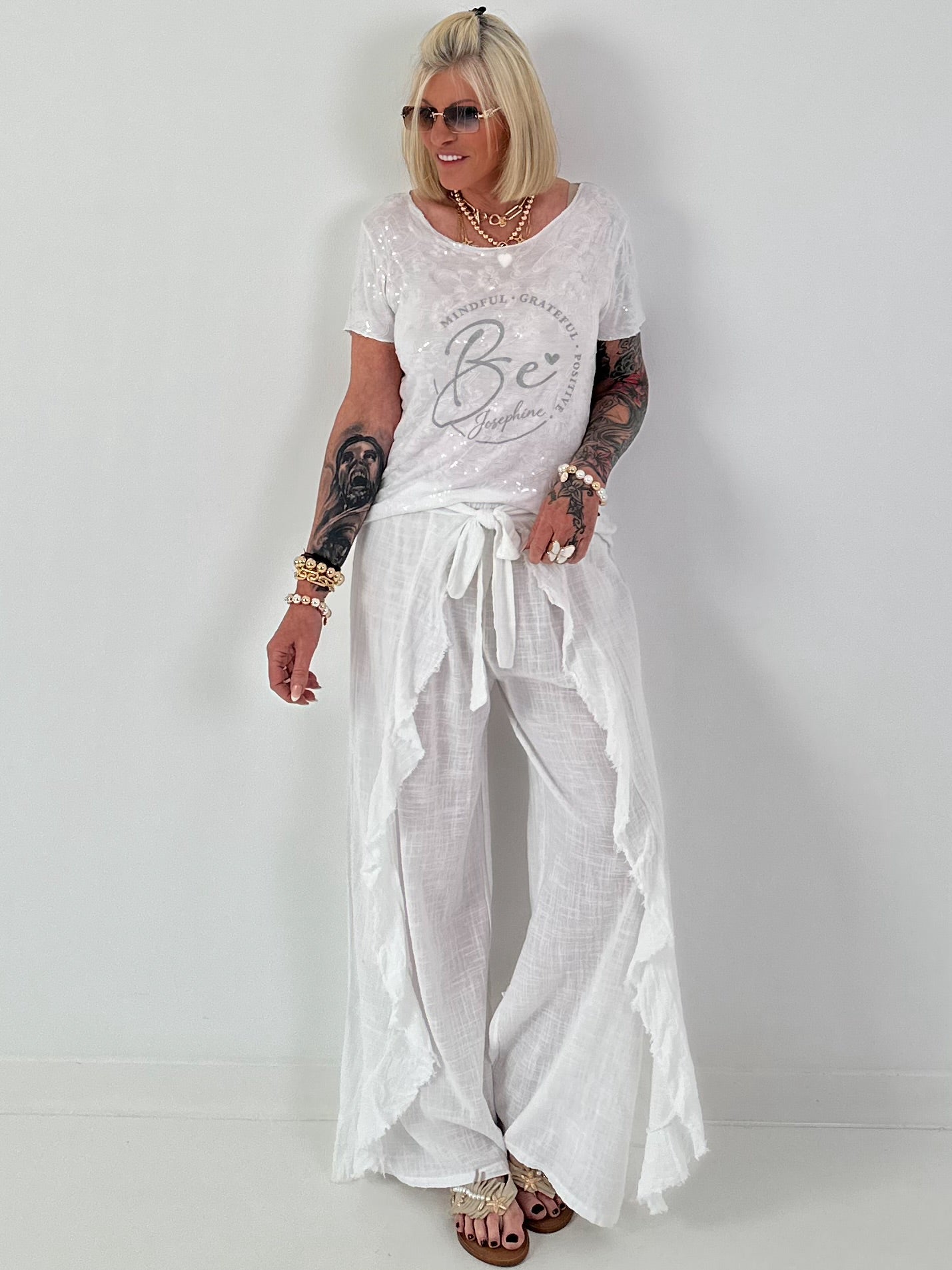 T-Shirt mit transparenten Pailletten - weiss