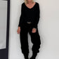 Rippshirt mit fransigem V-Ausschnitt - schwarz