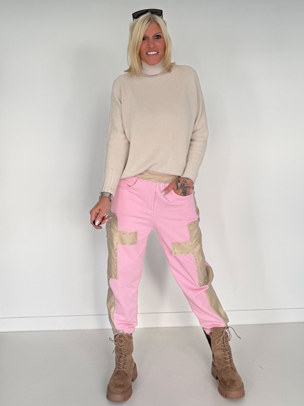 Sweathose im Materialmix - rosa-beige