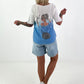 Fijngebreid T-shirt met print - wit-lichtblauw