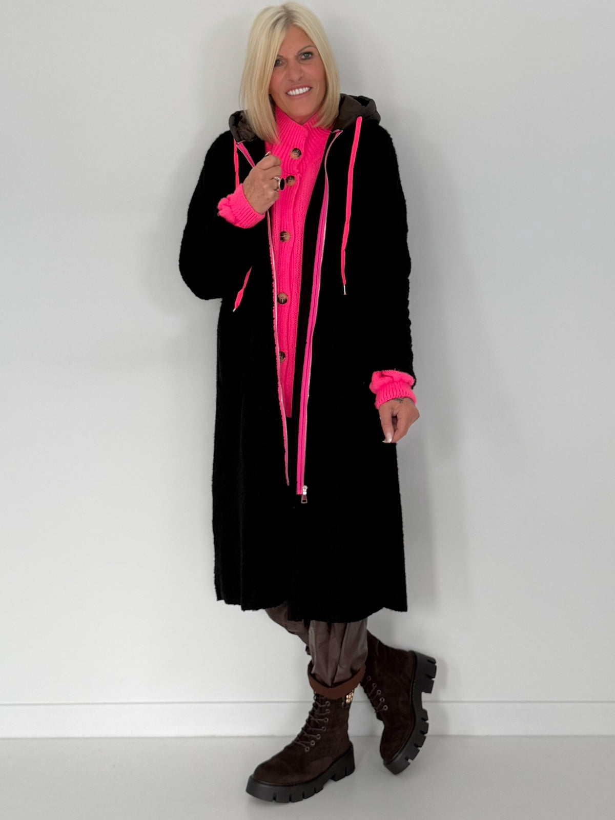Coat with teddy curl look and neon accents - black