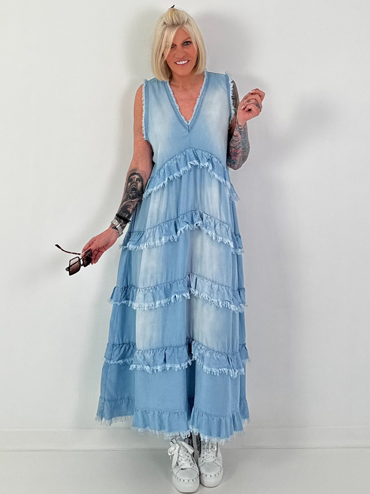 Sleeveless Ruffle Denim Dress - Light Blue