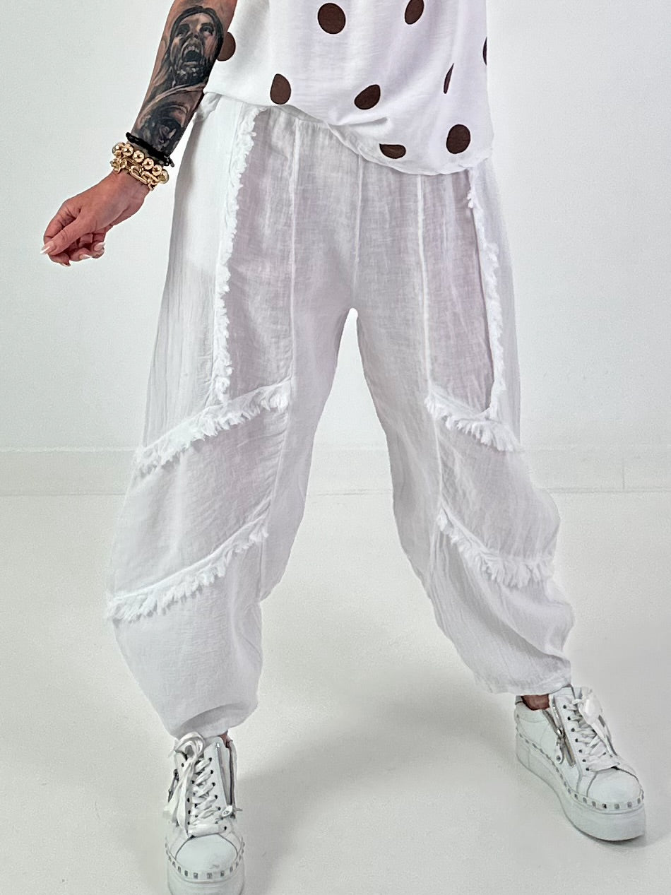 Ballon Leinen Hose mit Fransen Details - weiss
