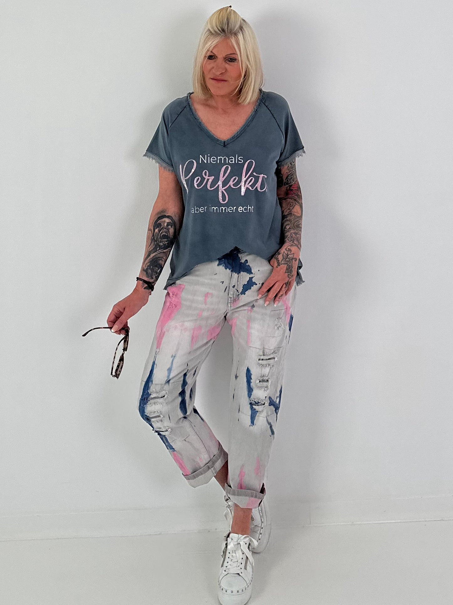 Jeans mit Batikmuster - grau-blau-rosa