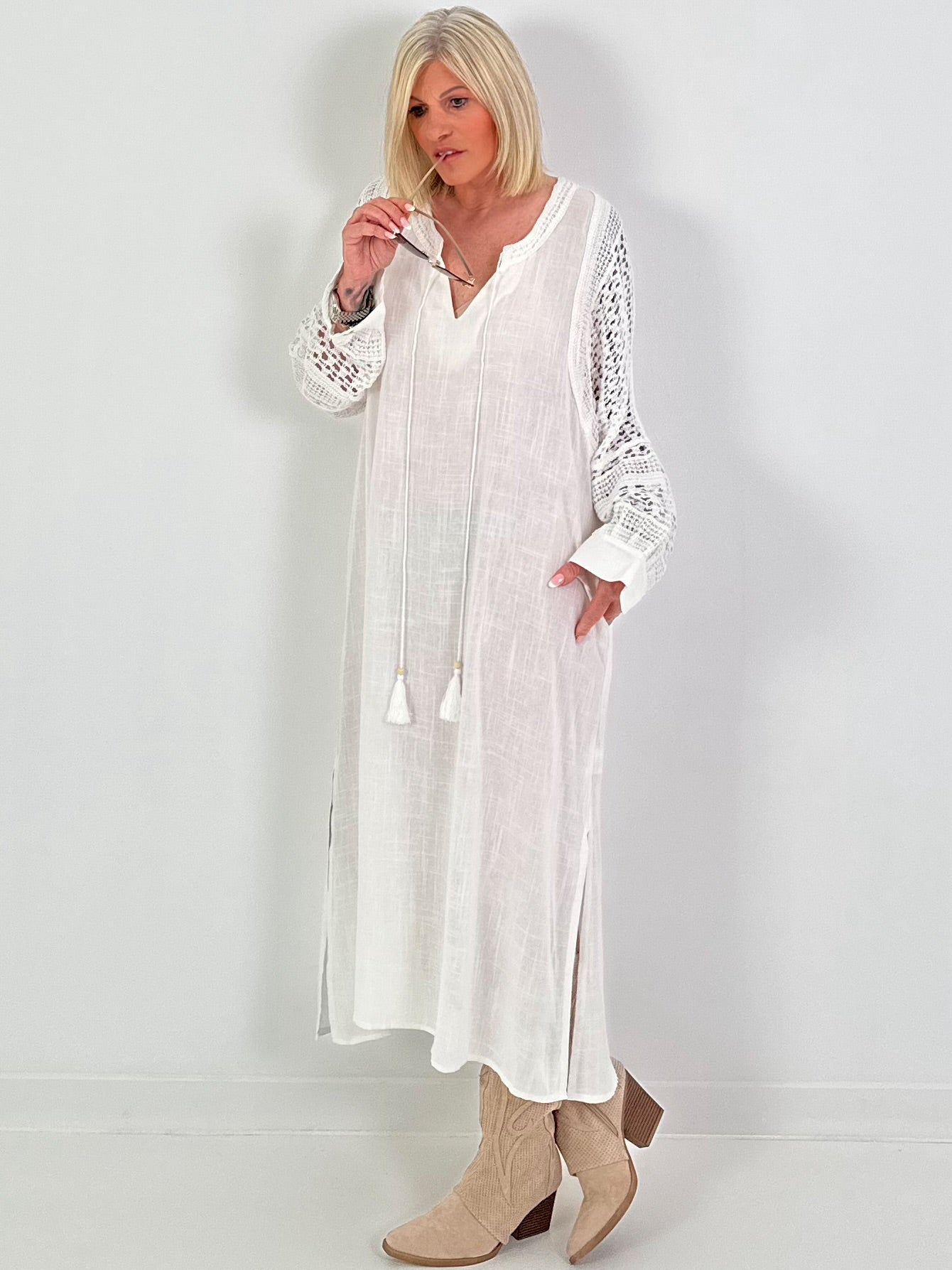 Linen Dress with Crochet Inserts - White