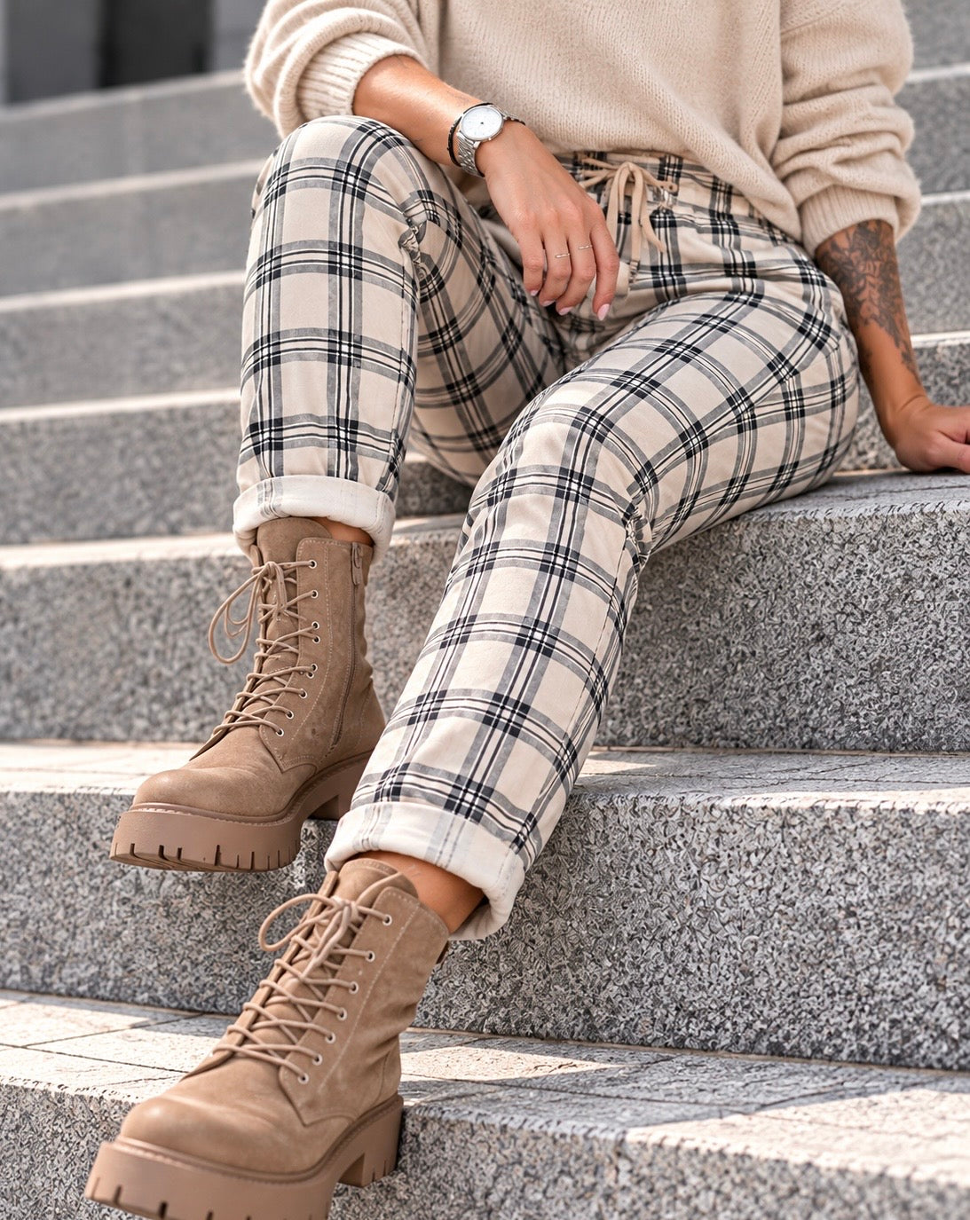 Hose im Karo-Look - beige-mehrfarbig