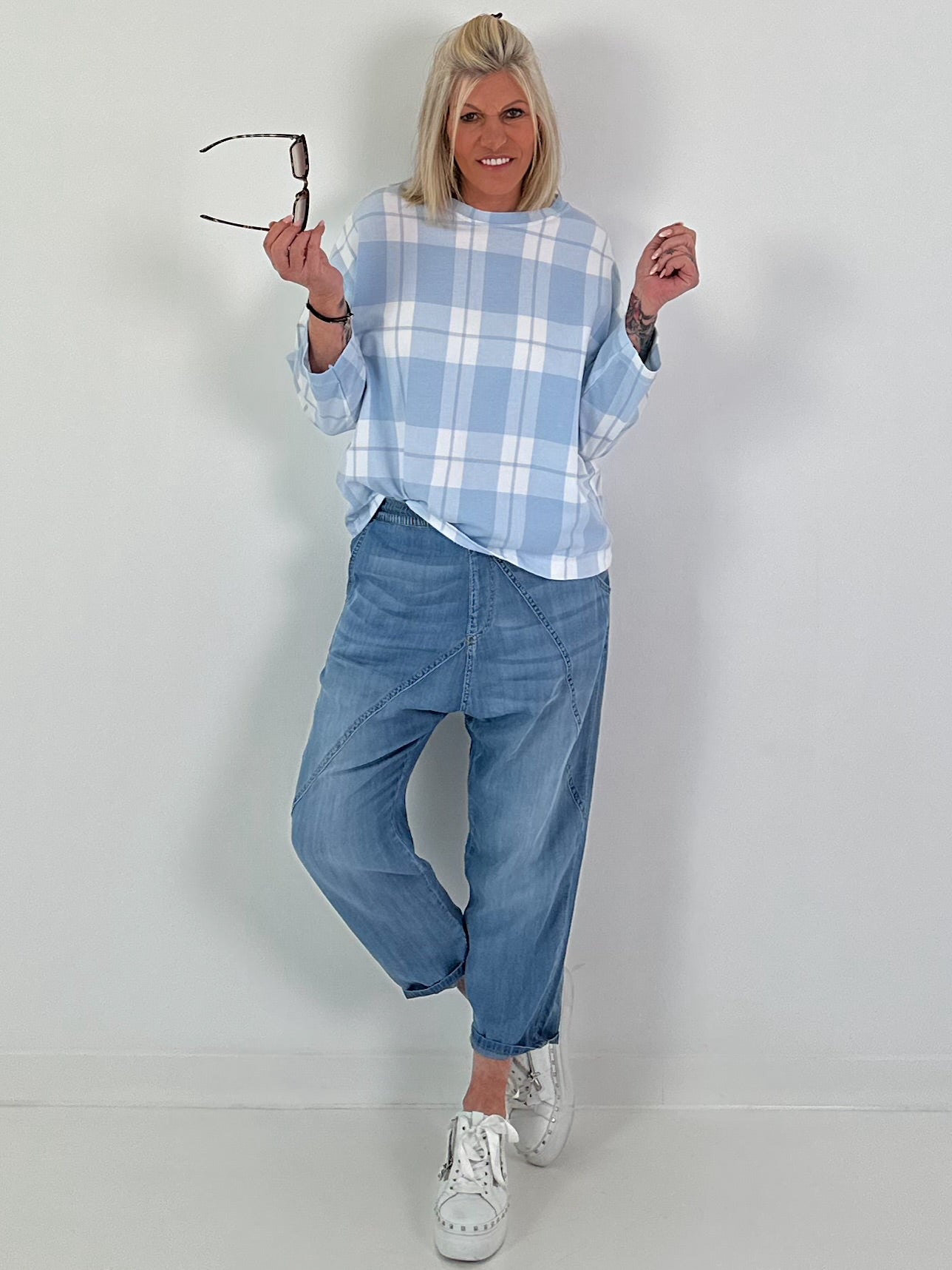 Sweater met ruitpatroon - lichtblauw-wit