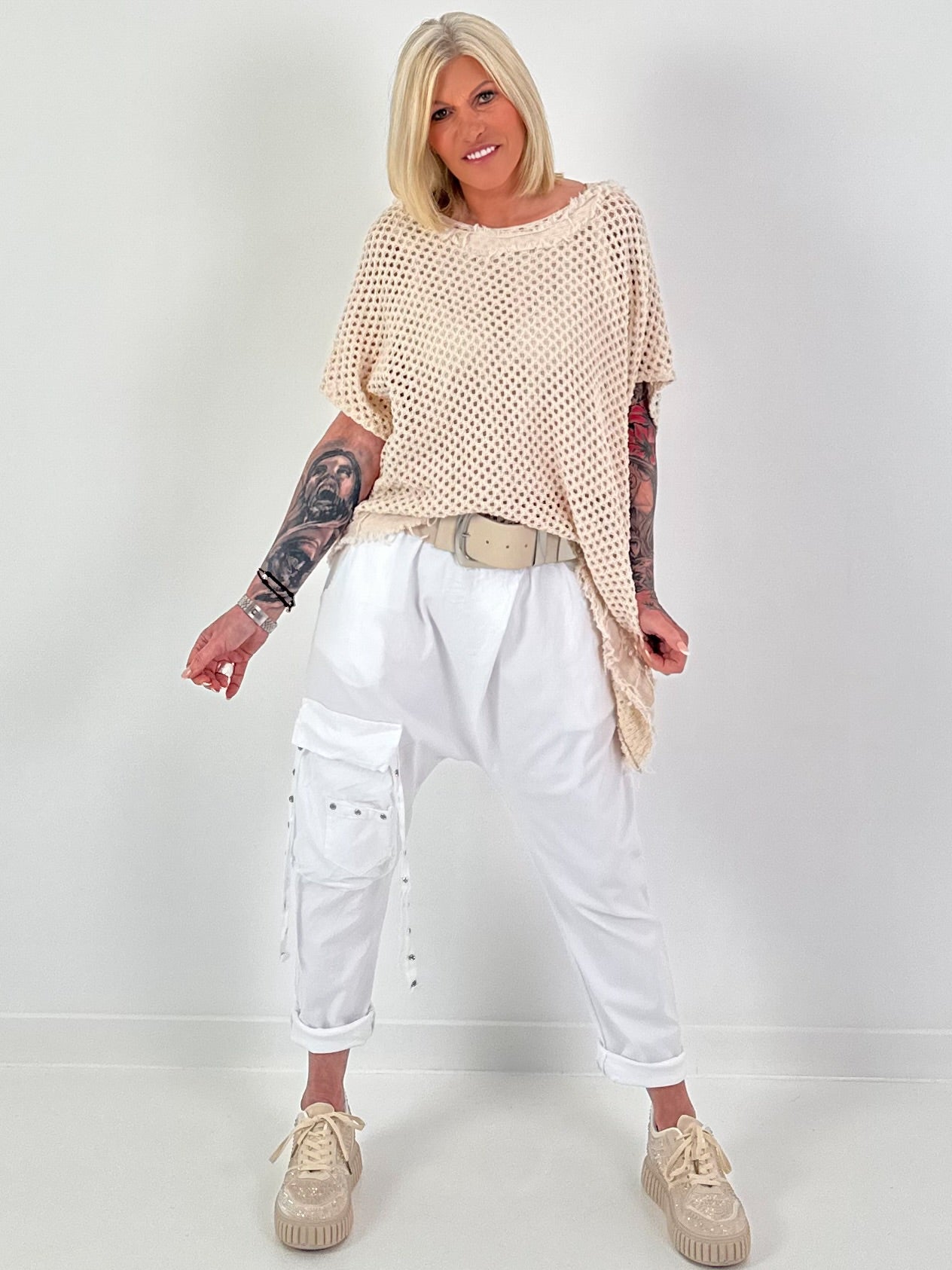 Häkelshirt mit Fransen asymmetrisch - beige