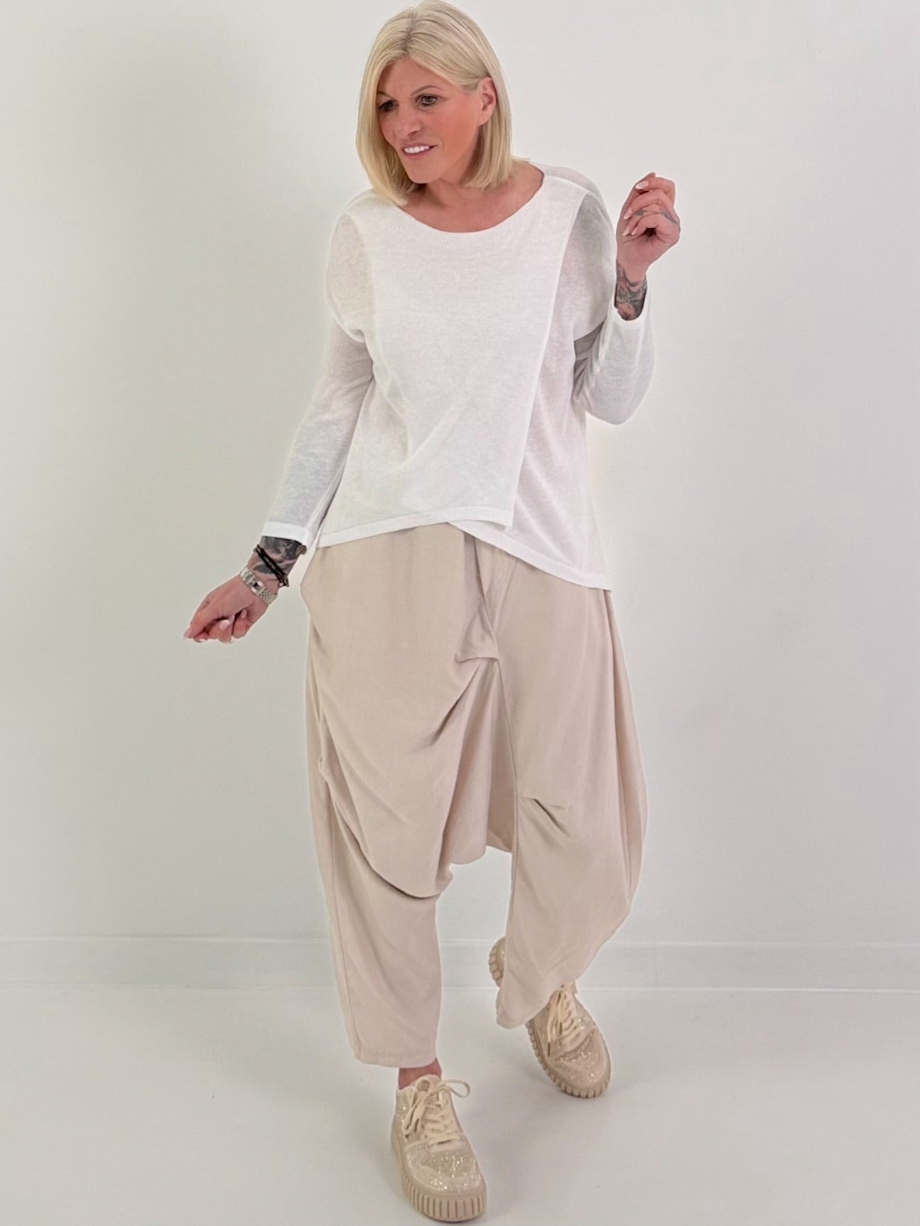 Leichter Feinstrick Pulli im Layer-Look - weiss