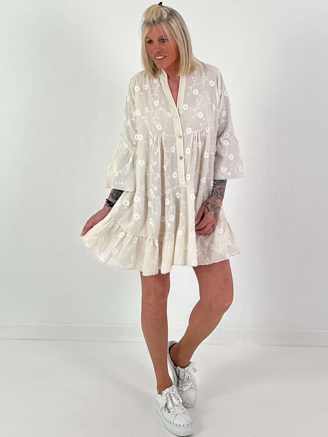 Tunic/Dress with Floral Pattern - Beige