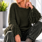 Fringe-look sweater with trumpet sleeves - olive