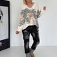Pullover mit V-Ausschnitt und Botanical-Print - creme-anthrazit