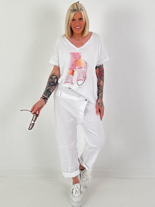 T-Shirt mit Schuhprint und Glitzerdetails - weiss-rosa