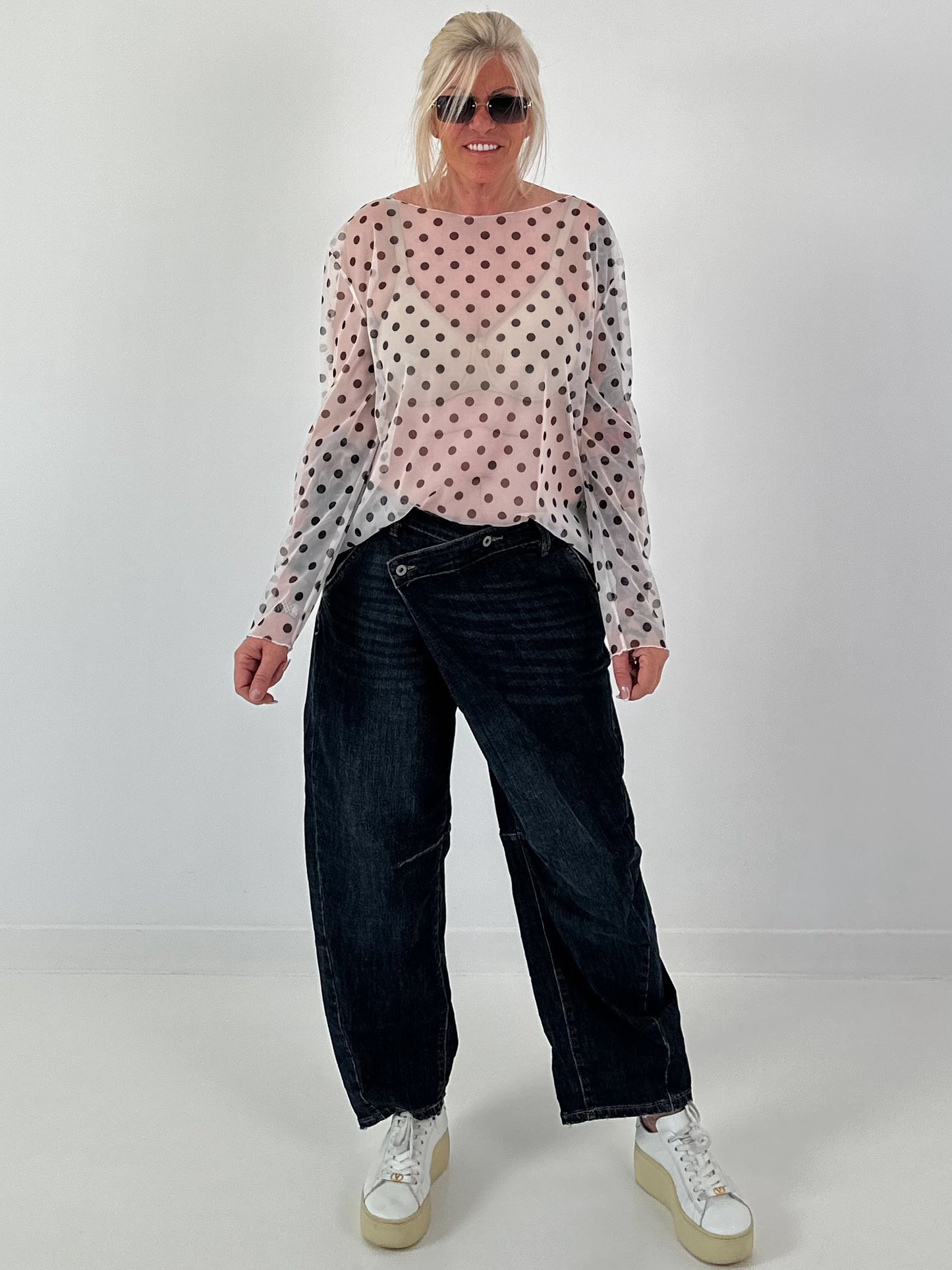 Mesh Shirt mit Punkten - creme