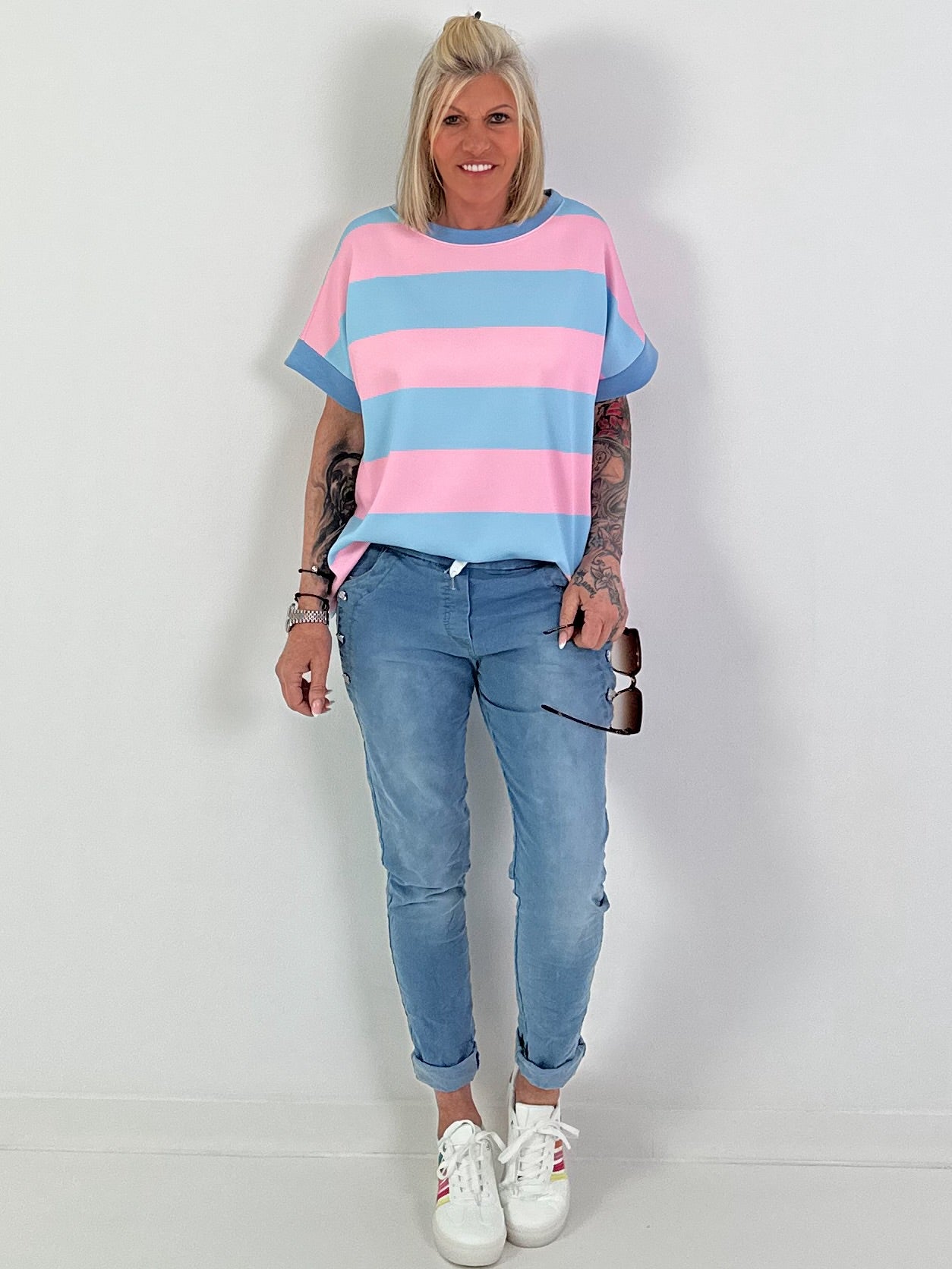 Striped Sweat T-Shirt - light blue-pink