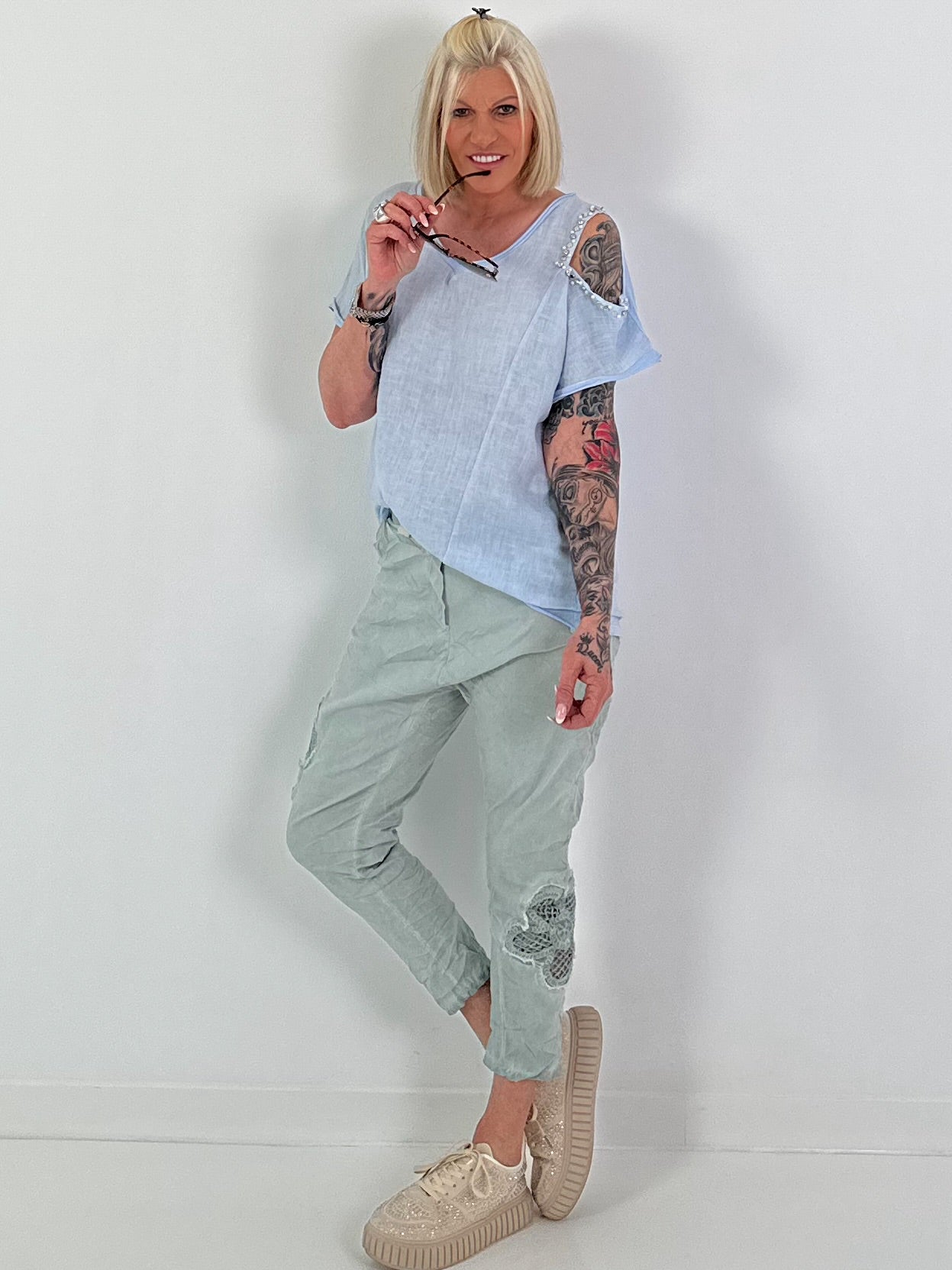 Linen Shirt with Cut-Out - light blue