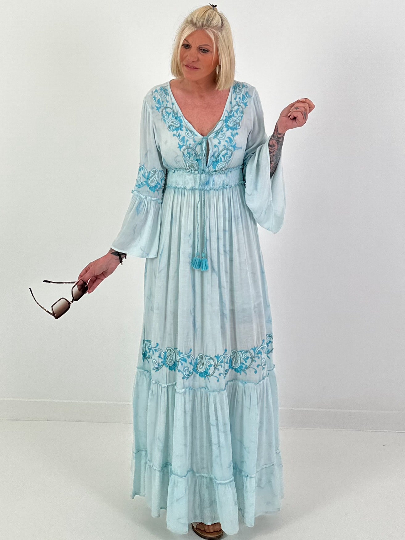 Boho/Ibiza dress with decorative V-neck - light blue