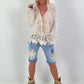 Boho Blouse with Crocheted Hem - beige