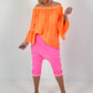 Tunic with gathered round neck and flounce sleeves - neon orange