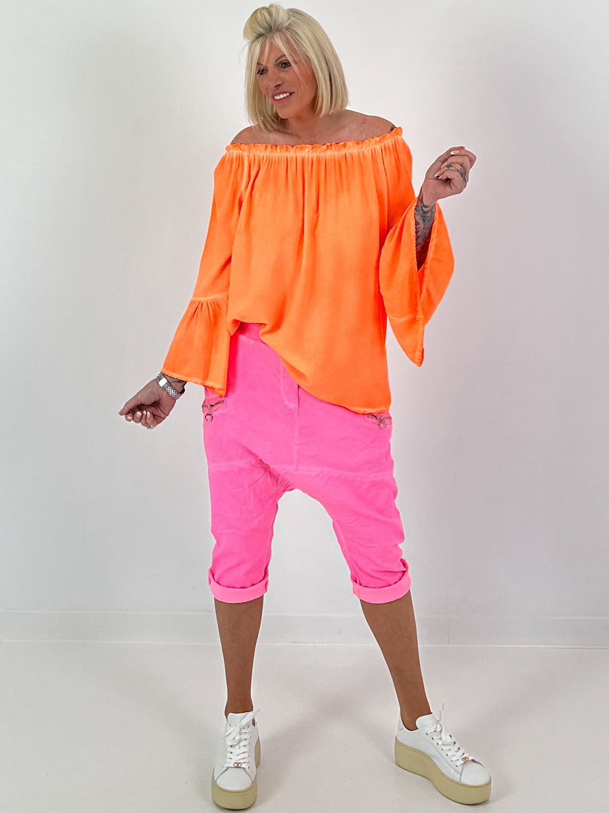 Tunic with gathered round neck and flounce sleeves - neon orange