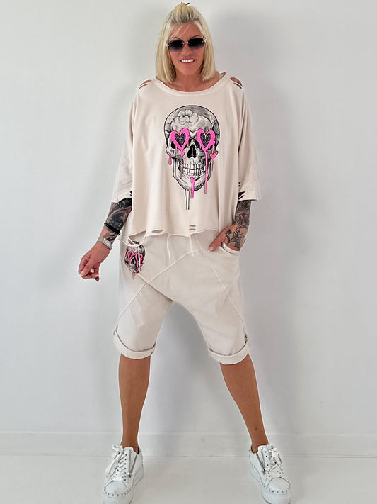 Oversized T-Shirt with Cut-Outs and Skull - beige