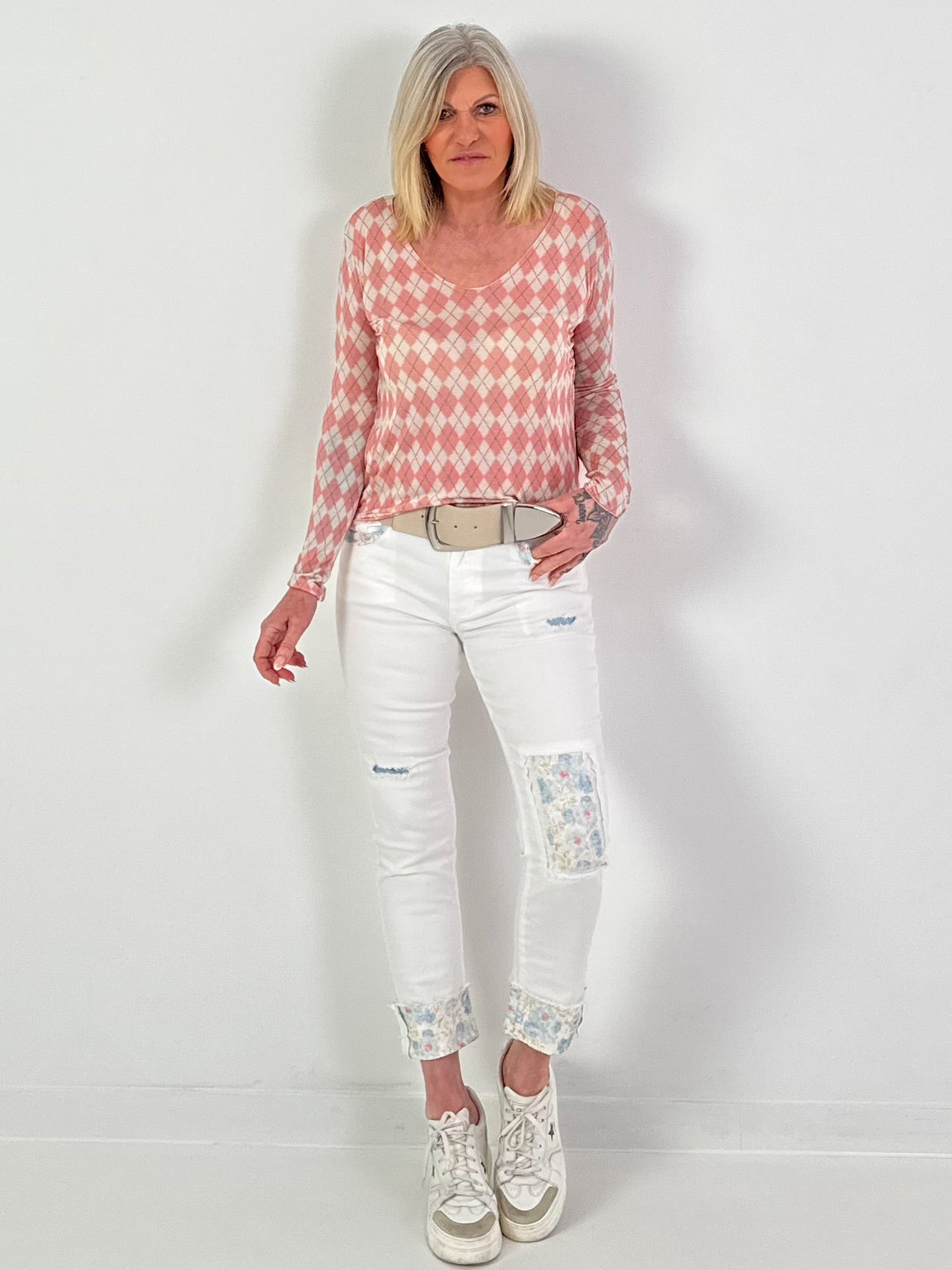 Shirt mit Rautenmuster - rosa-weiss