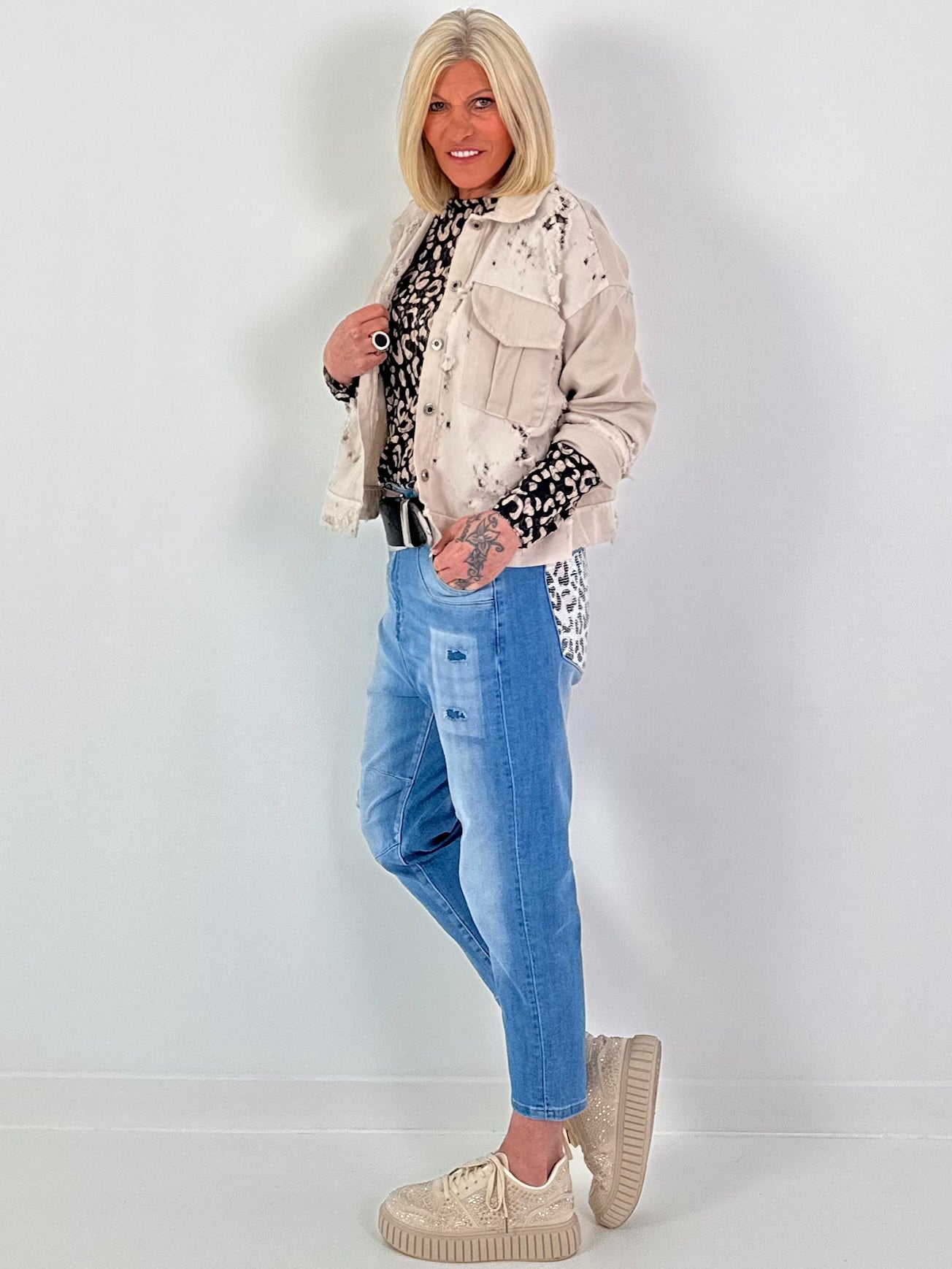 Distressed Denim Jacket - Beige