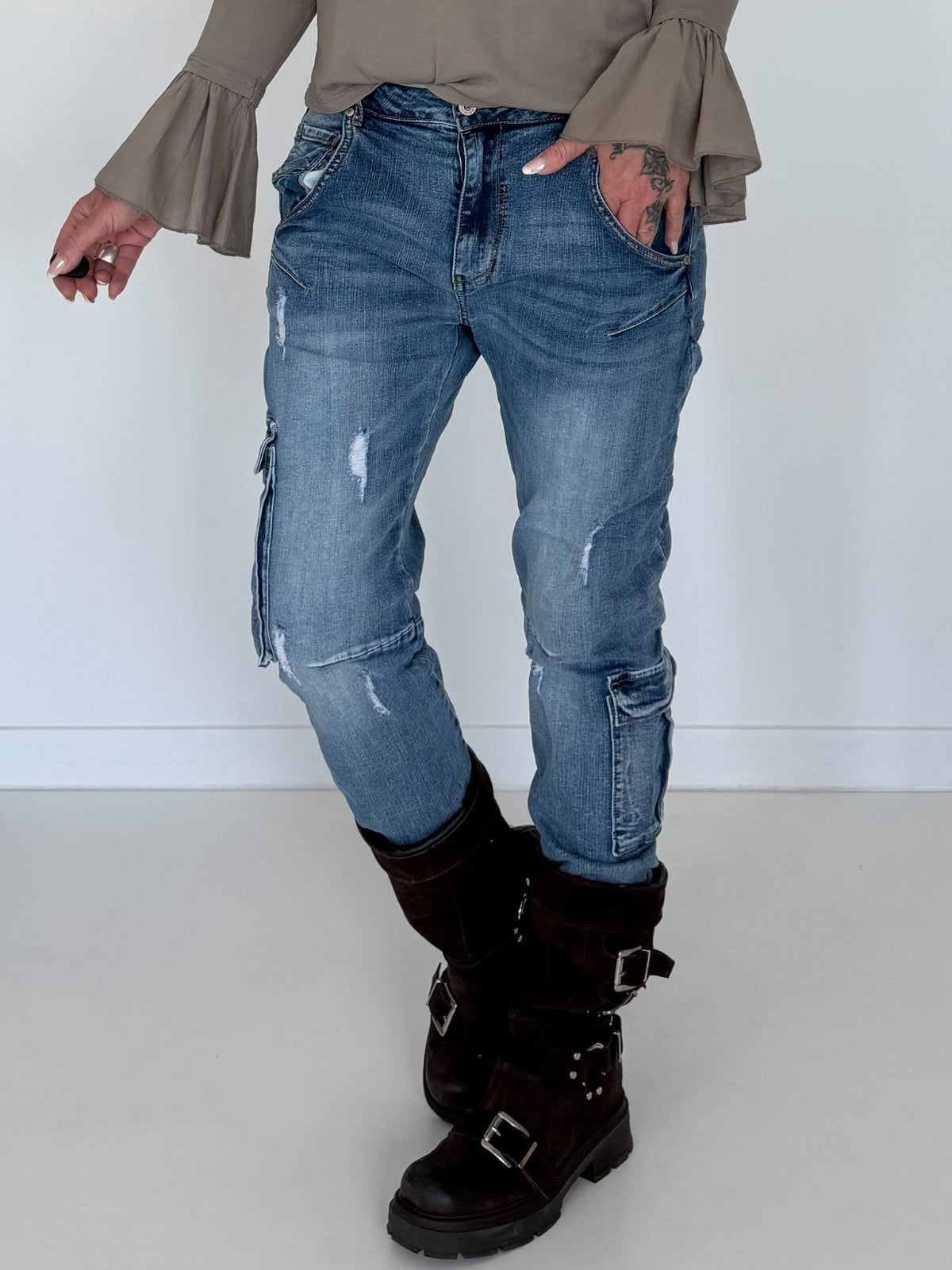 Cargo-Jeans im Used-Look - denim