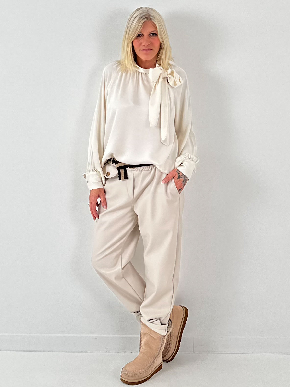 Leather-look trousers, model "Cream Flow" - beige