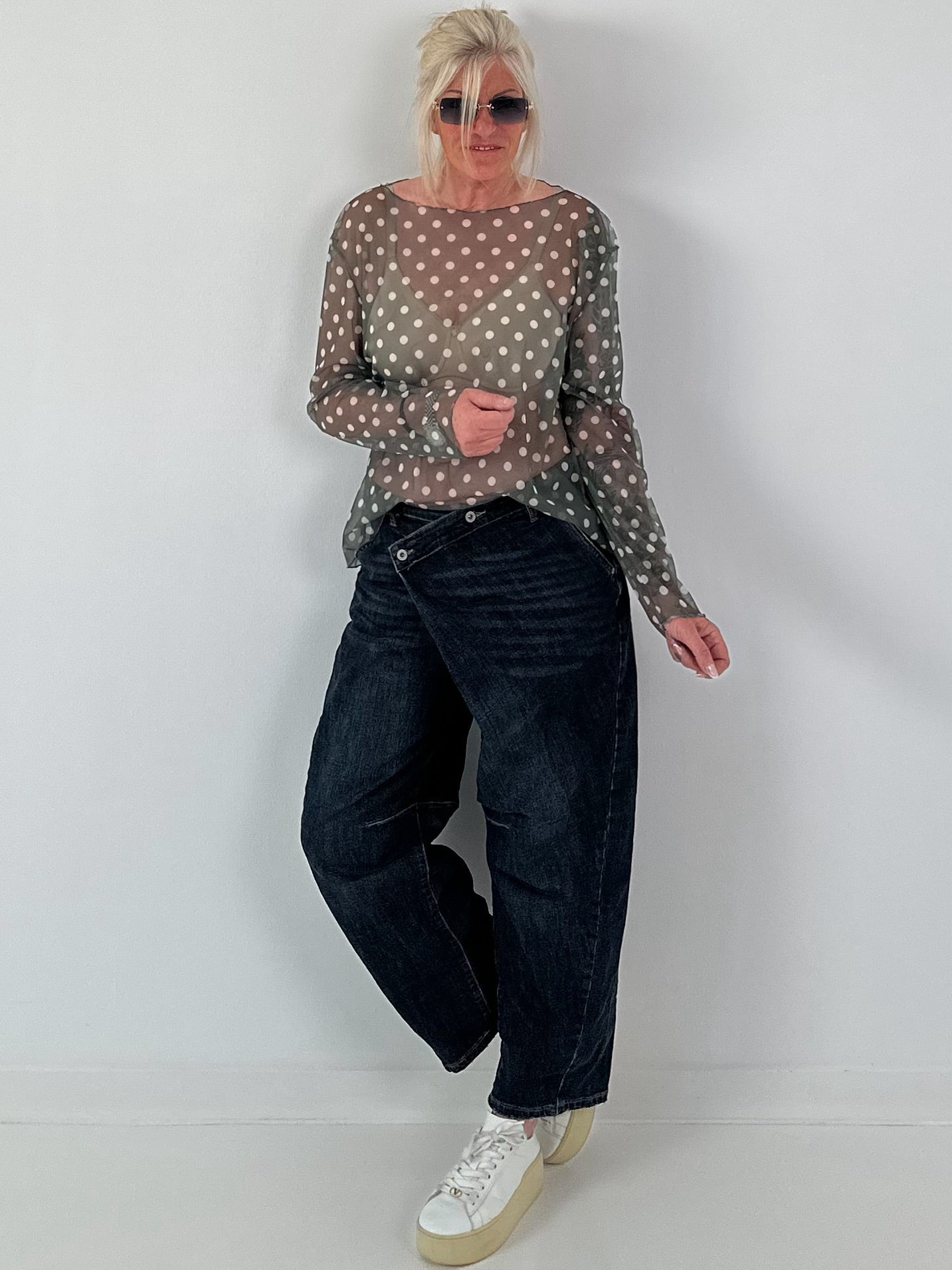 Mesh Shirt mit Punkten - oliv