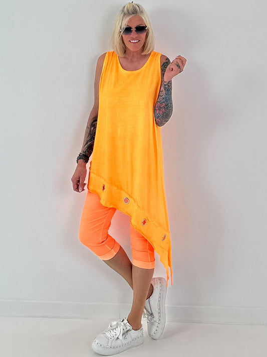 Asymmetrisches Long Top mit Ösen und Jeansdetail - neonorange