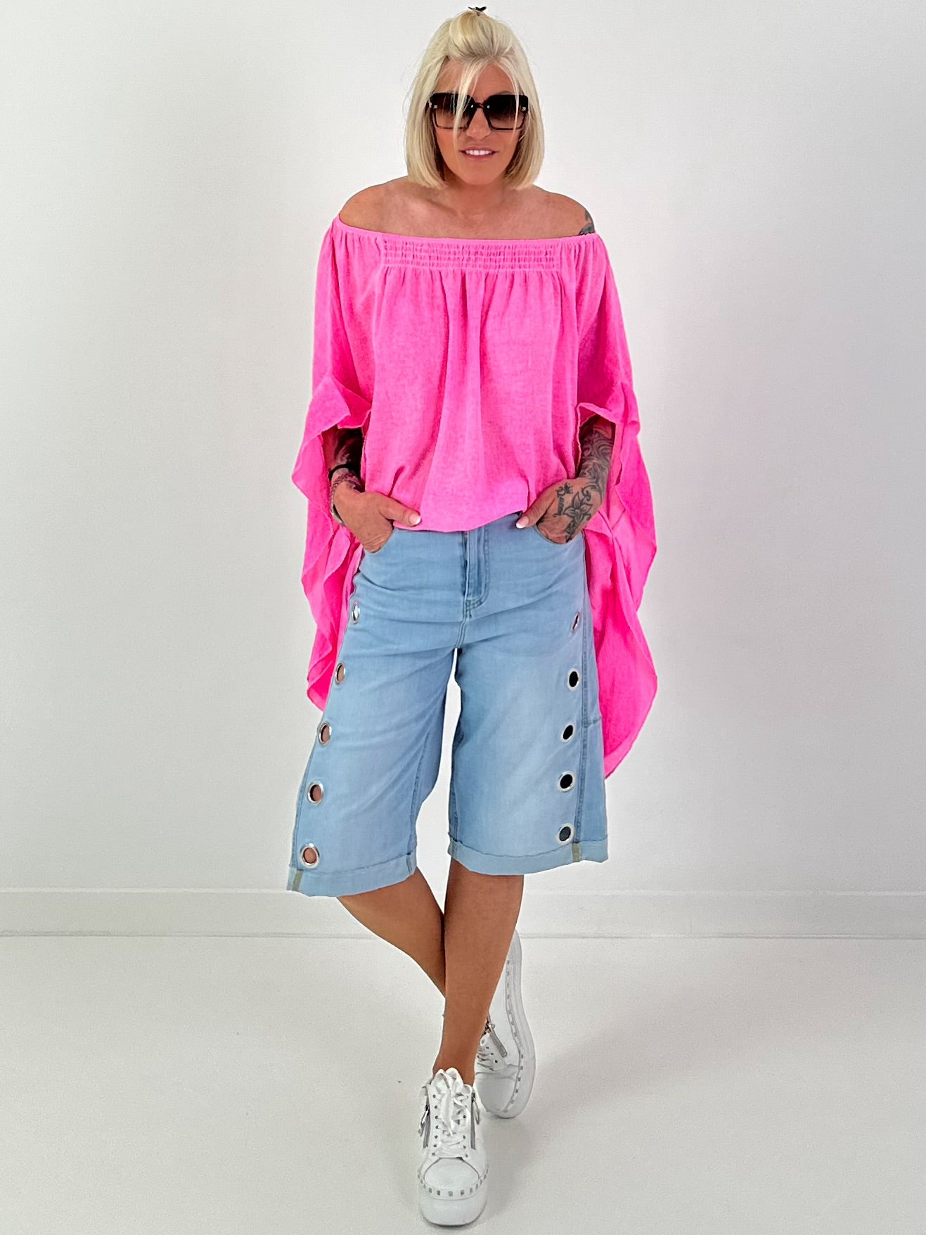 Tunic with side ruffles - neon pink
