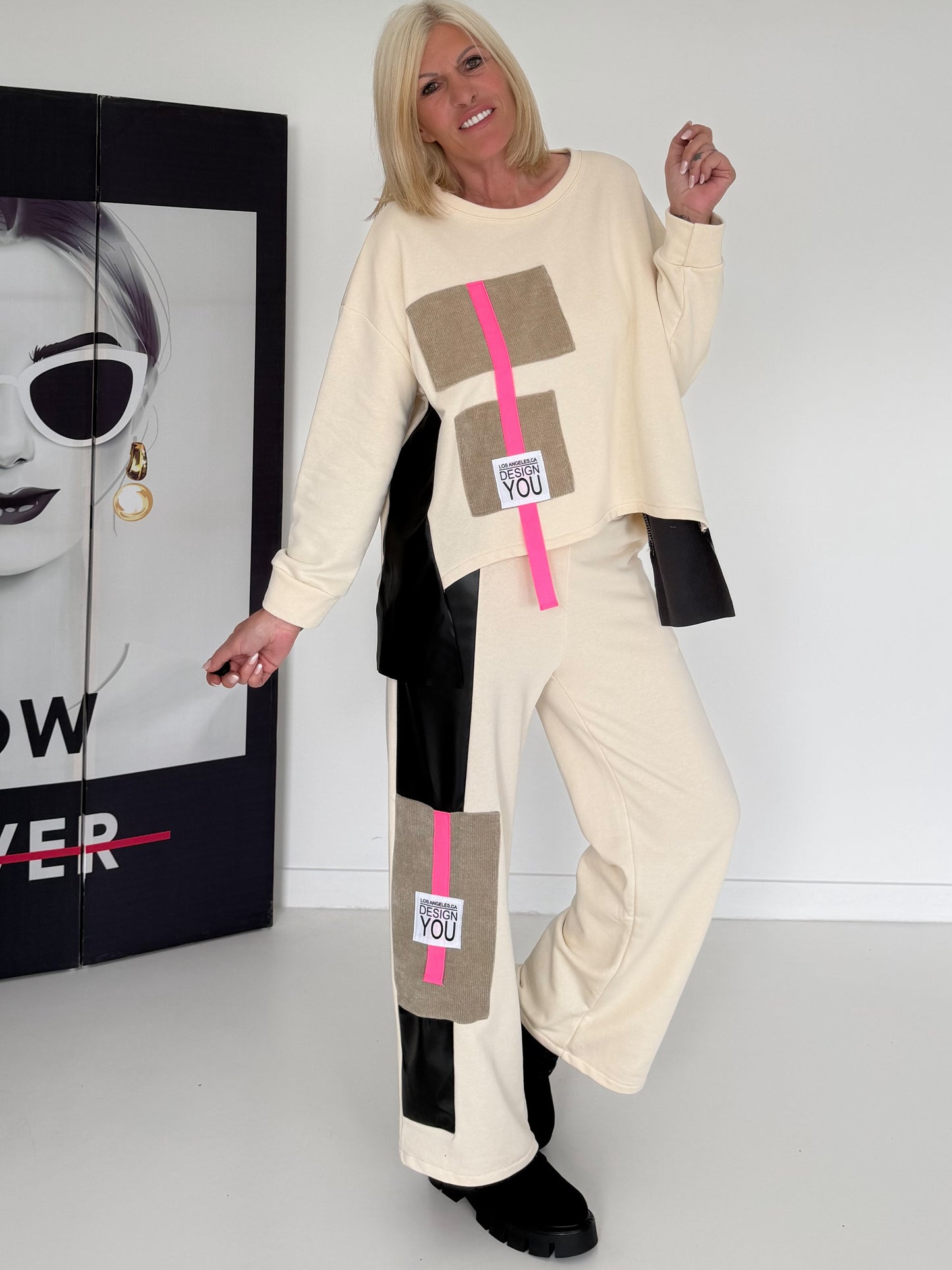 Stylischer Zweiteiler mit Lederoptik- und Kord-Details - beige