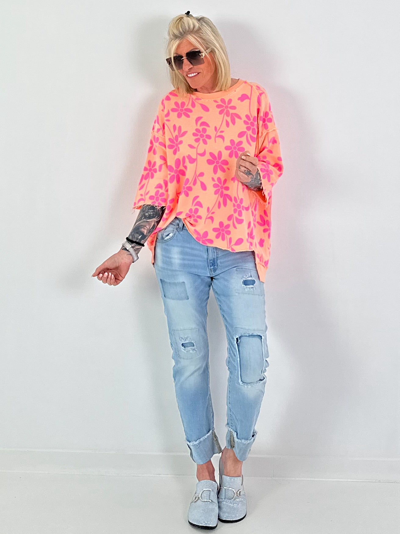 Sweater mit floralem All over Print - aprikot-pink