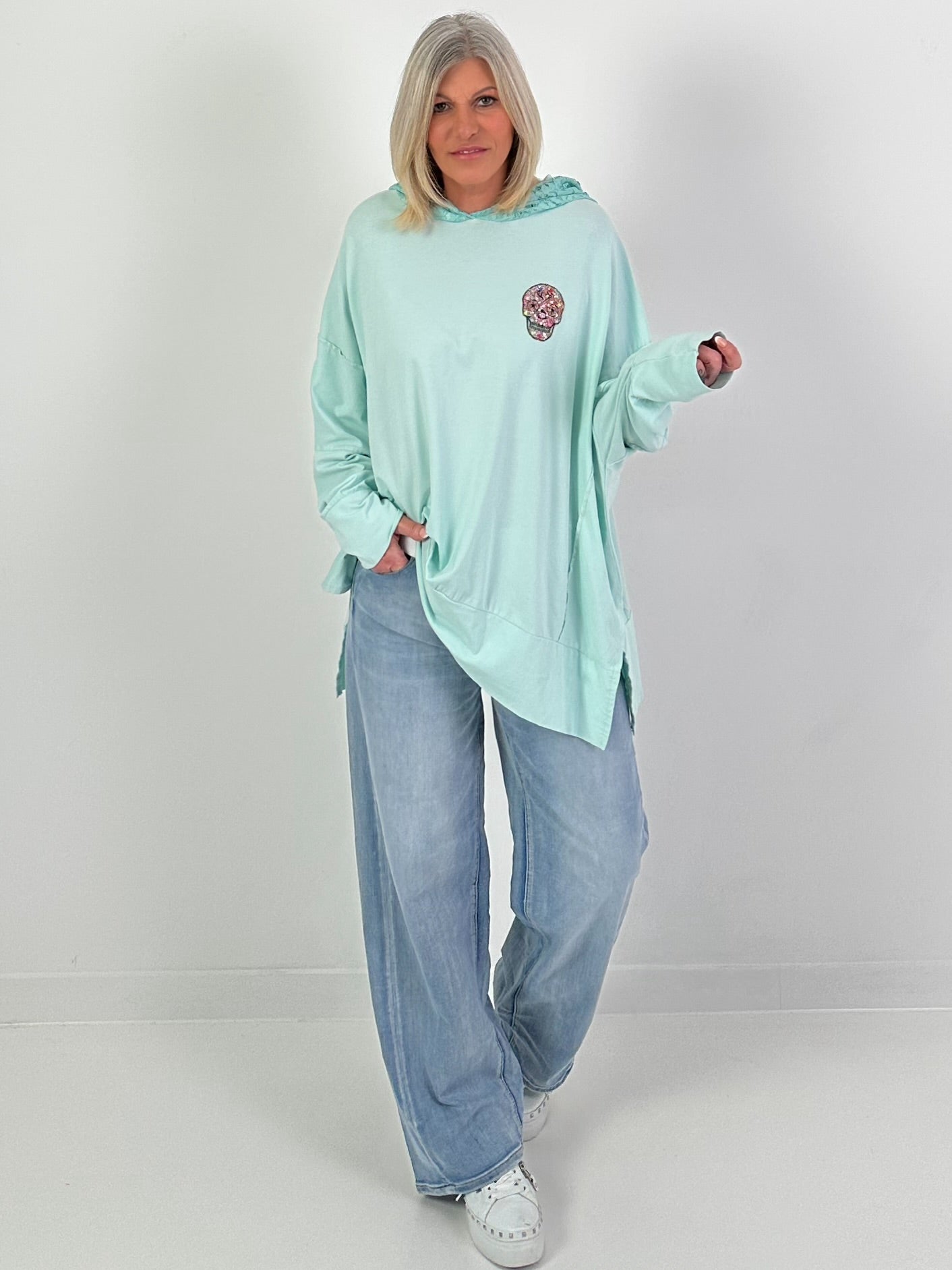 Oversized hoodie with lace hood - mint