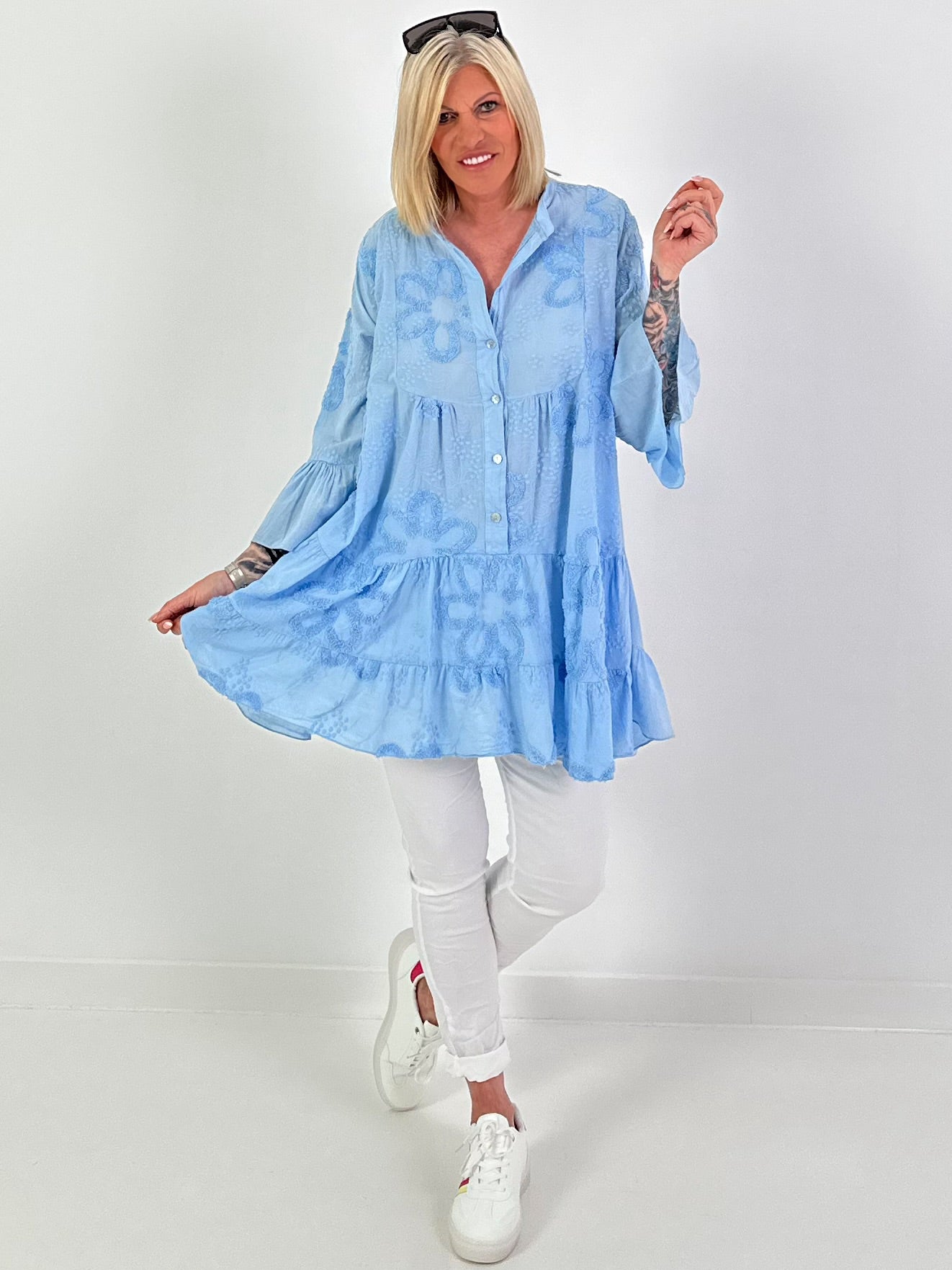 Tunic/Dress with Terry Appliqué - light blue