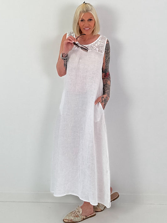 Sleeveless Linen Dress with Crochet Insert - white