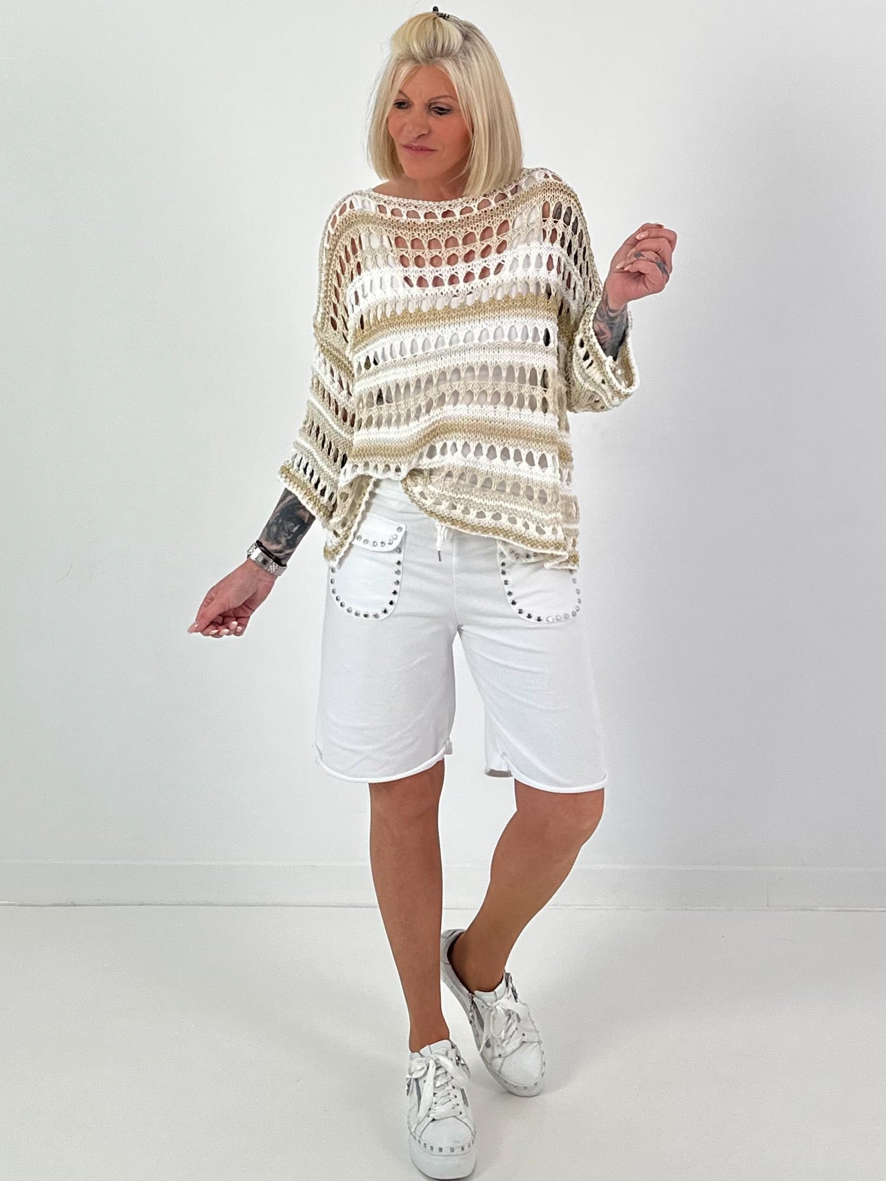 Crochet sweater with stripes and lurex - white-beige