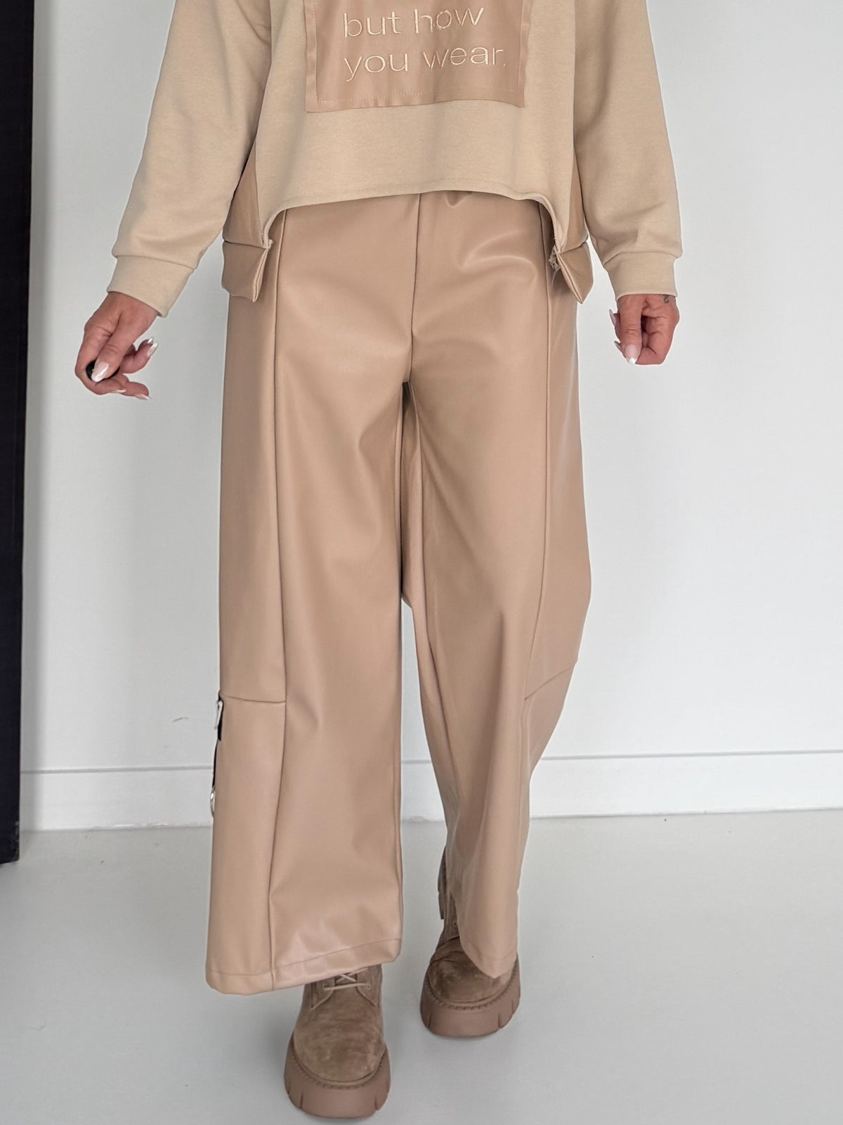 Vegan Leather Wide-Leg Trousers - Beige