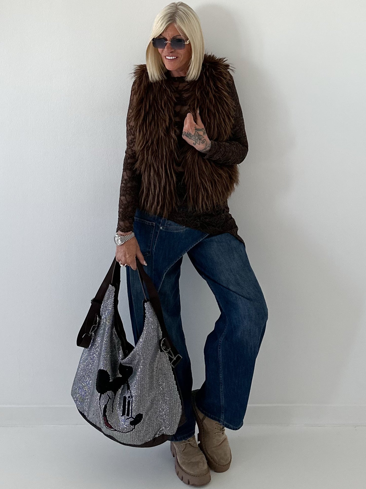 Stylische fake Fell Weste - mokka